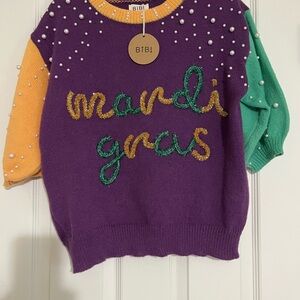 Purple Mardi Gras Sweater with Pearl Accents